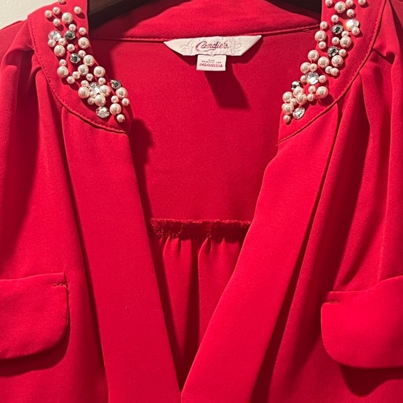 Candie's Red Embellished Long Sleeve Blouse with Mandarin Collar - Picture 2 of 6